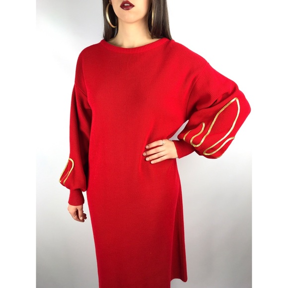 ❌SOLD❌ 90’s belled sleeve red knit sweater dress - Picture 3 of 8